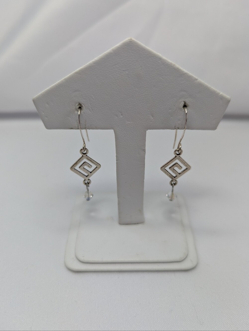 Silver Geometric Drop Earrings with Clear Bead